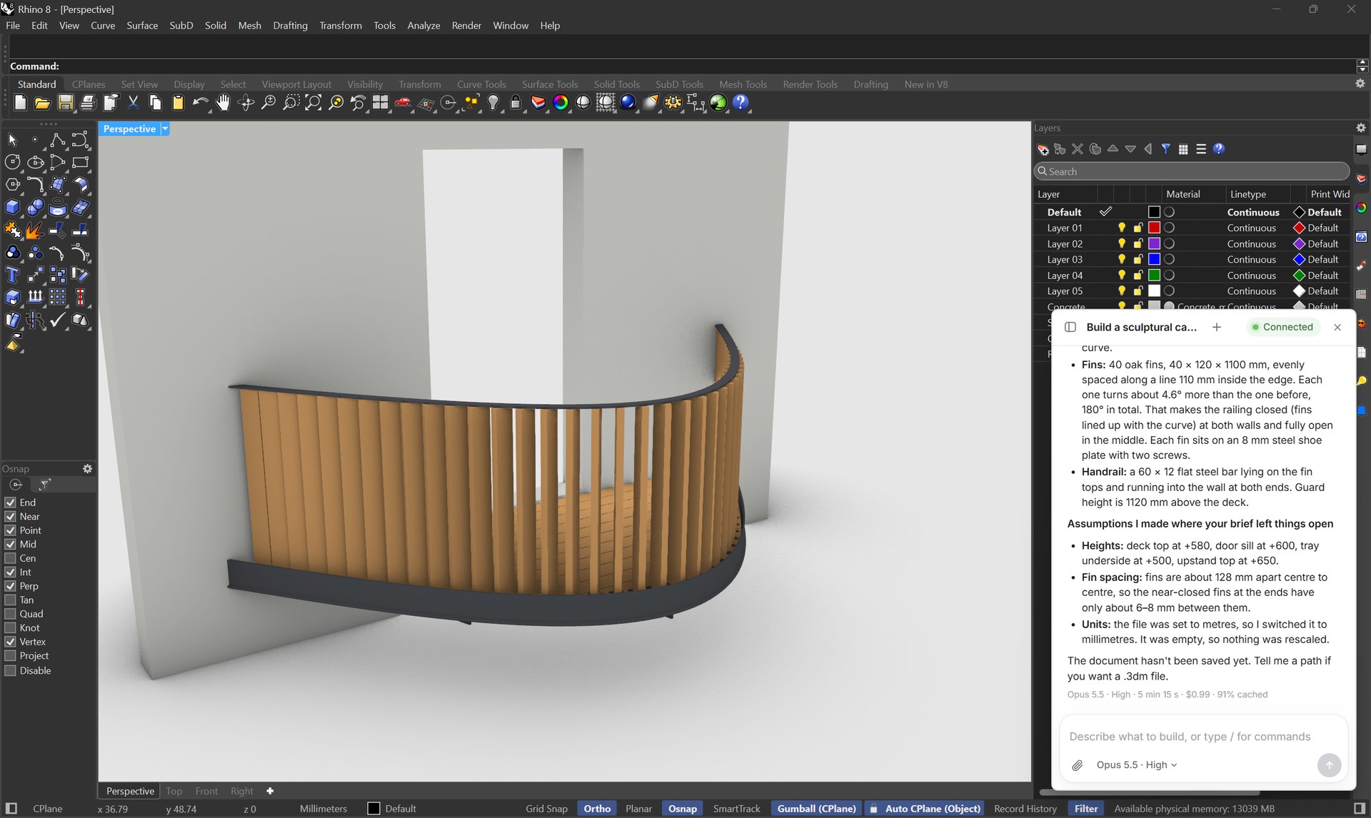 Rhino 8 with the Carver chat open next to a finished balcony model